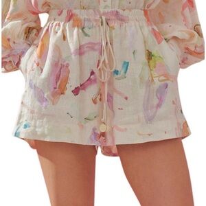 Alemais Annie Abstract Pattern Mid Rise Linen Shorts 10 Pink White Multi Womens